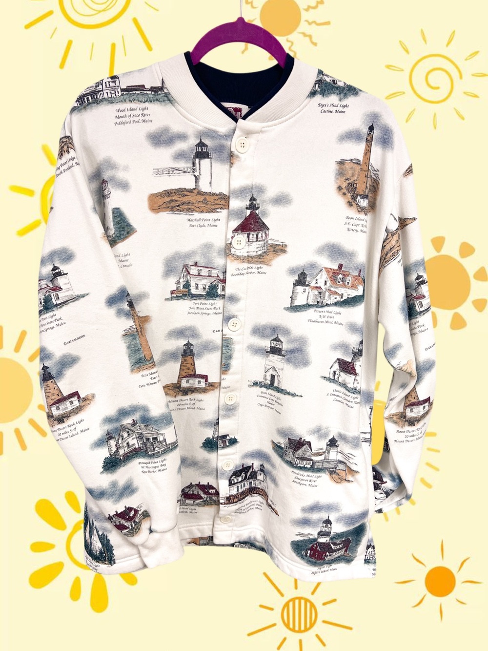 Vintage Art Unlimited Sportswear cozy white lighthouses button up sweater